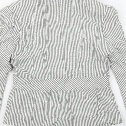 Brand and care label for Atmosphere women’s blue striped jacket blazer, size UK 10
