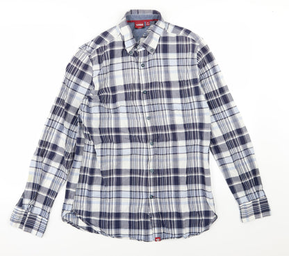 Additional front view of D555 men’s blue striped woven button-up, size M