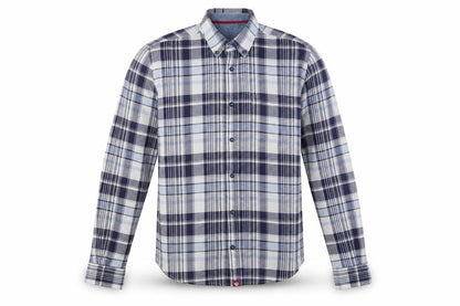 Front view of D555 men’s blue striped woven button-up, size M
