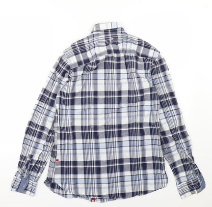 Back view of D555 men’s blue striped woven button-up, size M