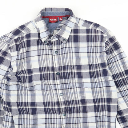 Close-up detail of D555 men’s blue striped woven button-up, size M
