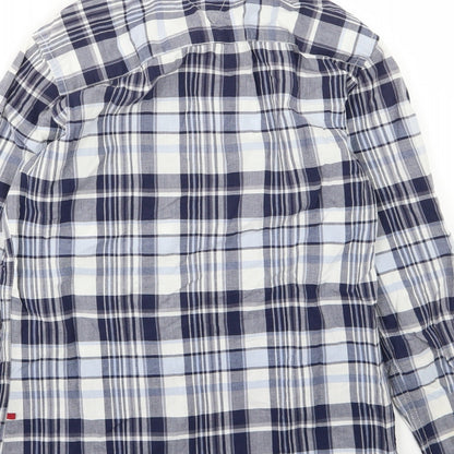 Brand and care label for D555 men’s blue striped woven button-up, size M