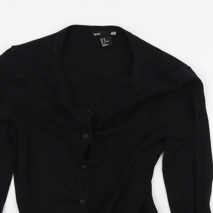 Close-up detail of H&M women’s black cardigan jumper, size UK 4