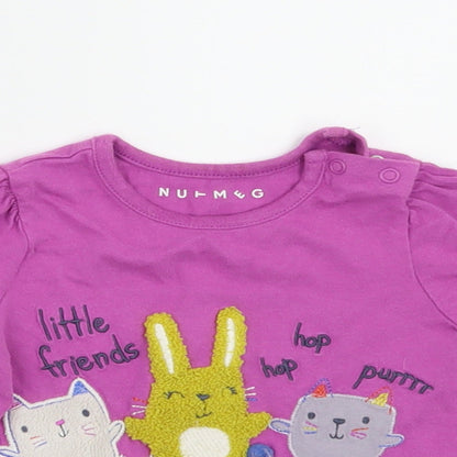Close-up detail of Nutmeg girls’ purple basic t-shirt, size 3-6, months