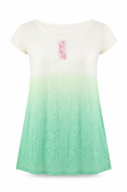Front view of Happy Holly women’s green floral basic t-shirt, size UK 8, - green ombre