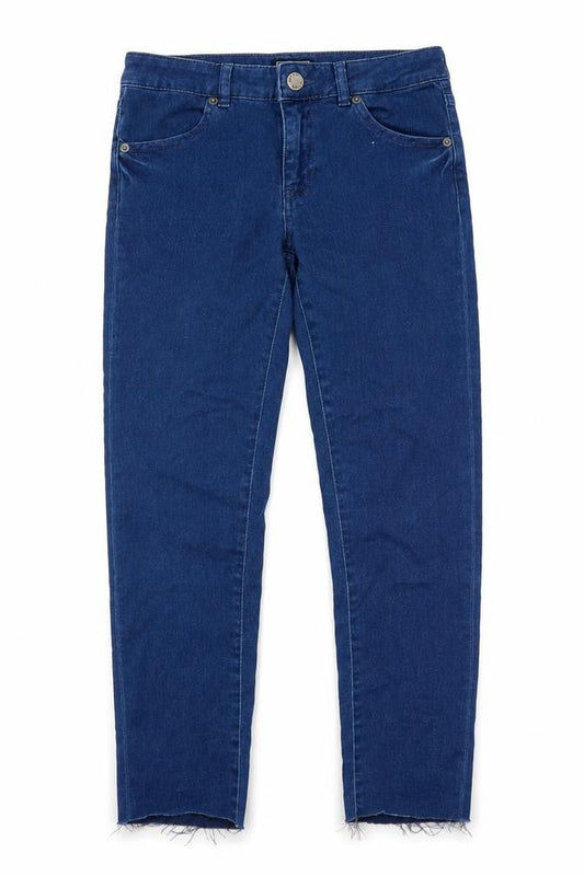 Front view of Warehouse women’s blue denim skinny jeans, size UK 10, 25-inch leg - distressed hem