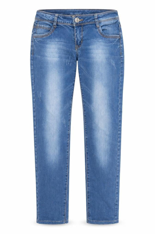 Front view of Moon Girl women’s blue denim straight jeans, size UK 28, in, 20-inch leg