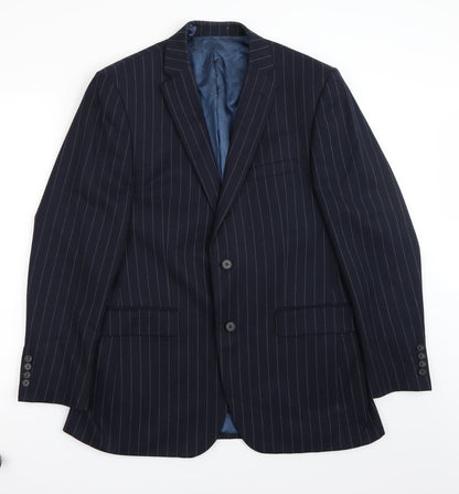 Front view of Ashton & gunn men’s blue striped jacket suit jacket, size 40