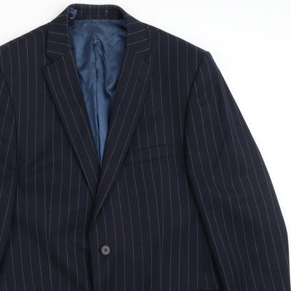 Close-up detail of Ashton & gunn men’s blue striped jacket suit jacket, size 40
