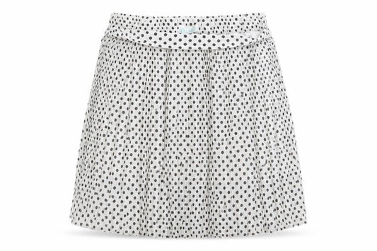 Front view of Clillin women’s white polka dot a-line skirt, size S