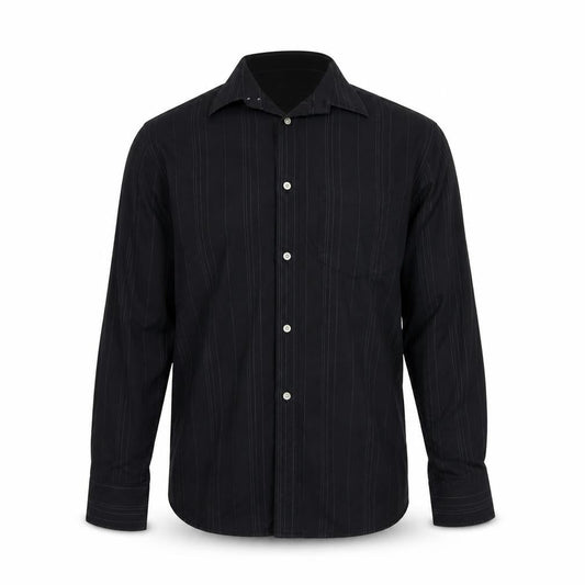 Front view of blue lake men’s black striped button-up, size L