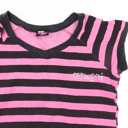 Close-up detail of Spoof girls’ pink striped jersey basic t-shirt, size 14, years