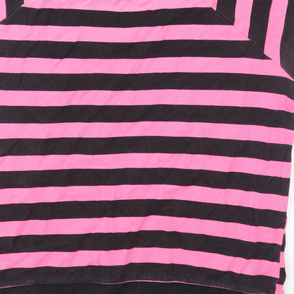 Brand and care label for Spoof girls’ pink striped jersey basic t-shirt, size 14, years
