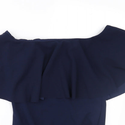 Close-up detail of Missi women’s blue basic blouse, size UK 10