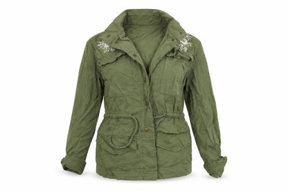 Front view of Preworn women’s green floral jacket, size S