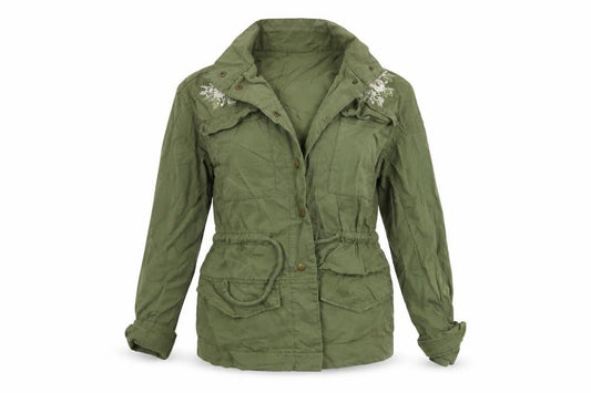 Front view of Preworn women’s green floral jacket, size S