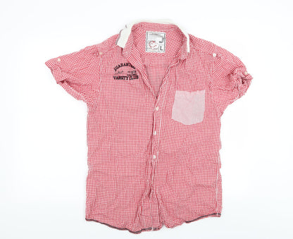 Front view of D-Struct men’s red check button-up, size L