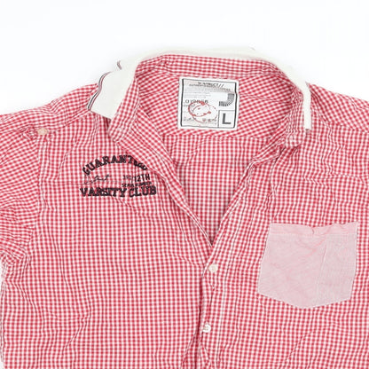 Close-up detail of D-Struct men’s red check button-up, size L