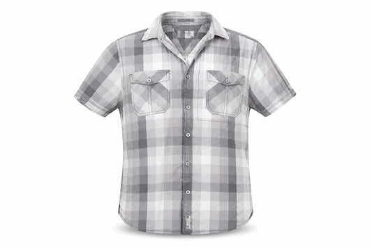 Front view of Burton men’s grey check button-up, size S