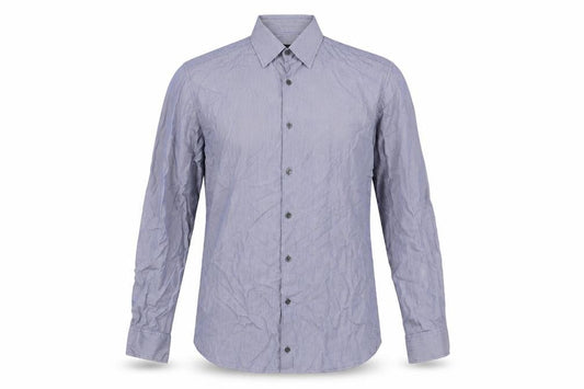 Front view of Limited Collection men’s blue striped dress shirt, size 15.5
