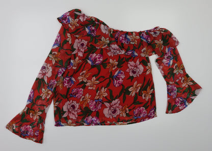 Back view of preworn women’s red floral basic blouse, size UK 10