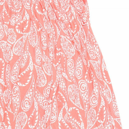 Close-up detail of Next women’s red floral a-line skirt, size UK 32, in