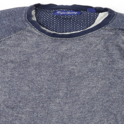 Close-up detail of English Laundry men’s blue jumper, size L