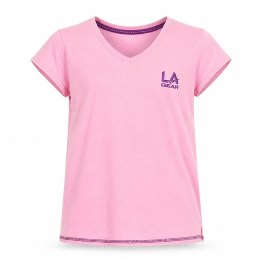 Front view of LA Gear girls’ pink basic t-shirt, size 9-10, years