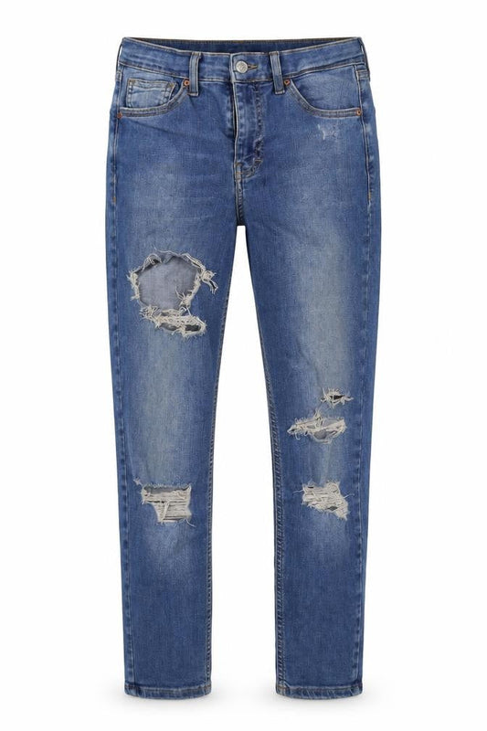 Front view of women’s blue straight jeans, size UK 28, in, 28-inch leg