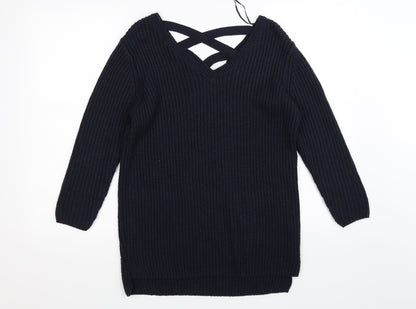 Front view of F&F women’s blue striped knit jumper, size UK 8