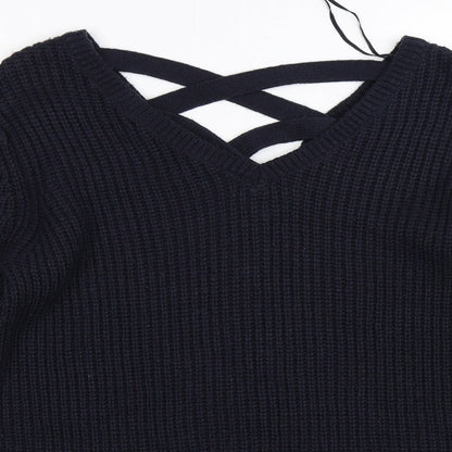 Close-up detail of F&F women’s blue striped knit jumper, size UK 8
