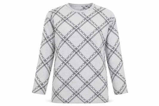 Front view of F&F women’s grey check knit jumper, size UK 14, - chains
