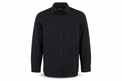 Front view of hazards men’s black button-up, size 17