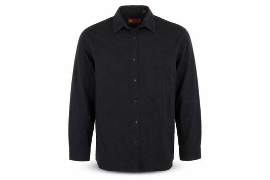 Front view of hazards men’s black button-up, size 17