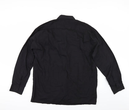 Back view of hazards men’s black button-up, size 17