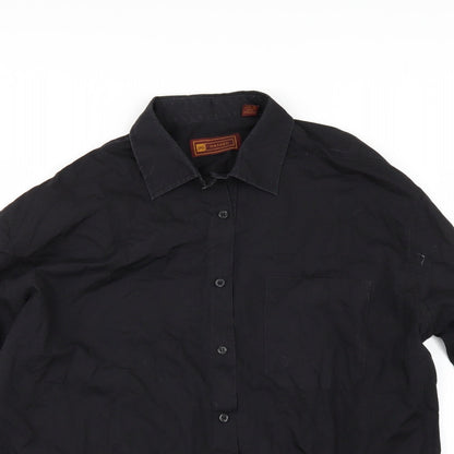 Close-up detail of hazards men’s black button-up, size 17