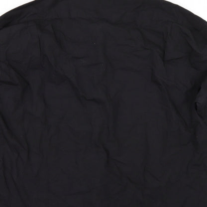 Brand and care label for hazards men’s black button-up, size 17
