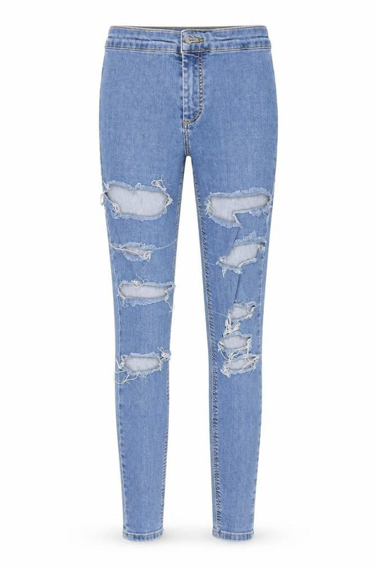 Front view of Topshop women’s blue denim skinny jeans, size UK 26, in, 30-inch leg