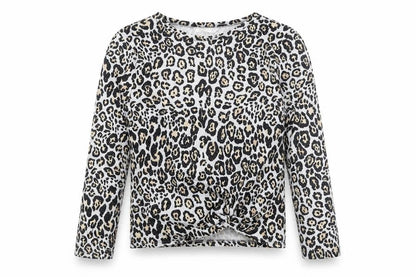 Front view of Candy Couture girls’ beige animal print basic blouse, size 13, years