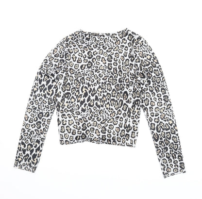 Back view of Candy Couture girls’ beige animal print basic blouse, size 13, years