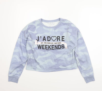 Additional front view of Primark girls’ blue camouflage pullover hoodie, size 13-14, years