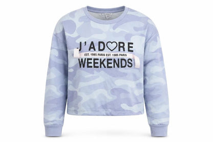 Front view of Primark girls’ blue camouflage pullover hoodie, size 13-14, years