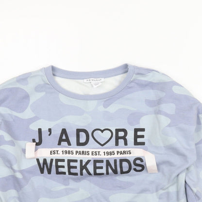 Close-up detail of Primark girls’ blue camouflage pullover hoodie, size 13-14, years