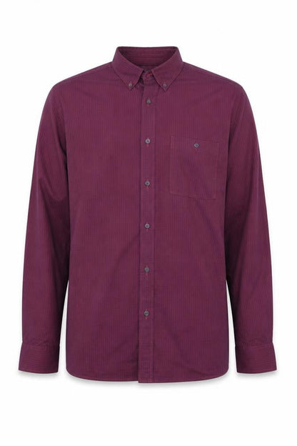Front view of Debenhams men’s purple striped button-up, size M