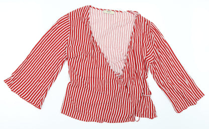 Additional front view of Papaya women’s red striped wrap blouse, size UK 10