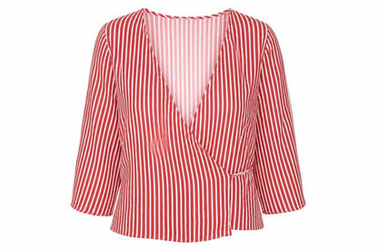 Front view of Papaya women’s red striped wrap blouse, size UK 10