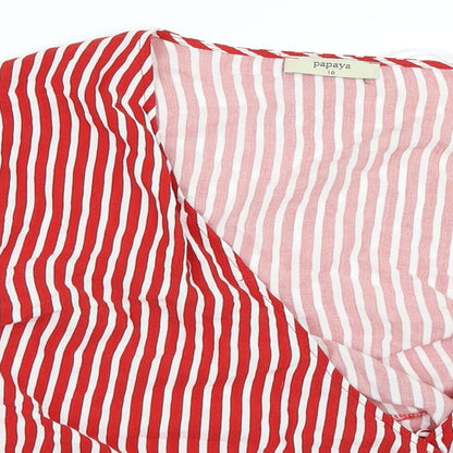 Close-up detail of Papaya women’s red striped wrap blouse, size UK 10