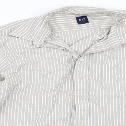 Close-up detail of Gap men’s beige striped button-up, size XL