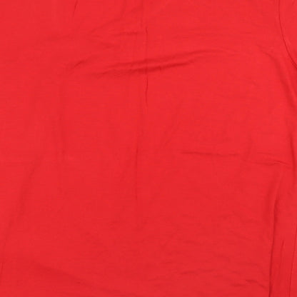 Brand and care label for Peruzzi women’s red basic t-shirt, size UK 14