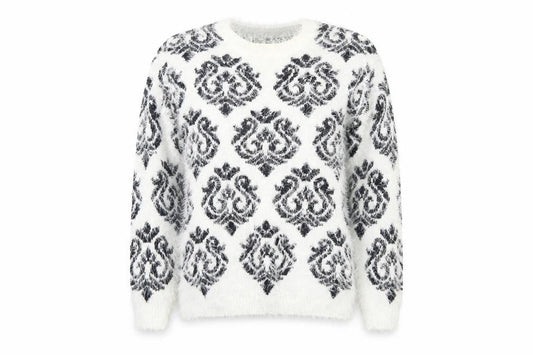 Front view of Atmosphere women’s white geometric knit jumper, size UK 8